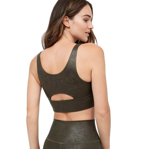 Aerie Offline NEW Hugger Faux Leather Sports Bra Small Crackle Olive Daze Green - Picture 2 of 6